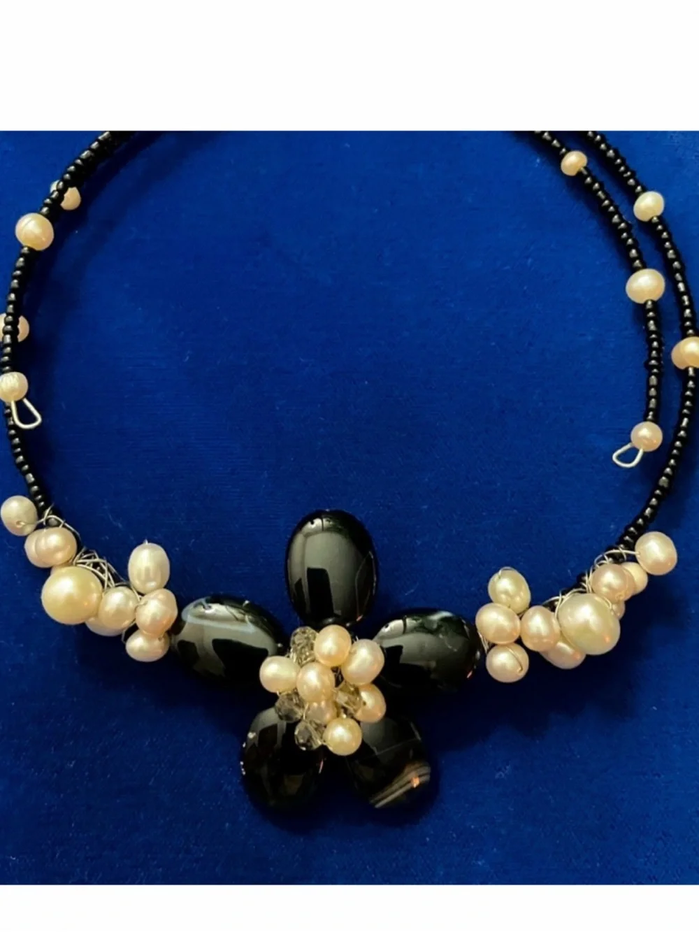 New Genuine Pearl & Black Onyx Floral Statement Choker Necklace